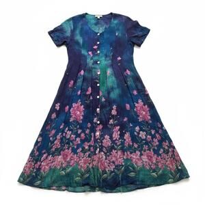 Vintage LA CERA Floral Rayon Maxi Dress Blue Purple Cottagecore XL Teacher Artsy